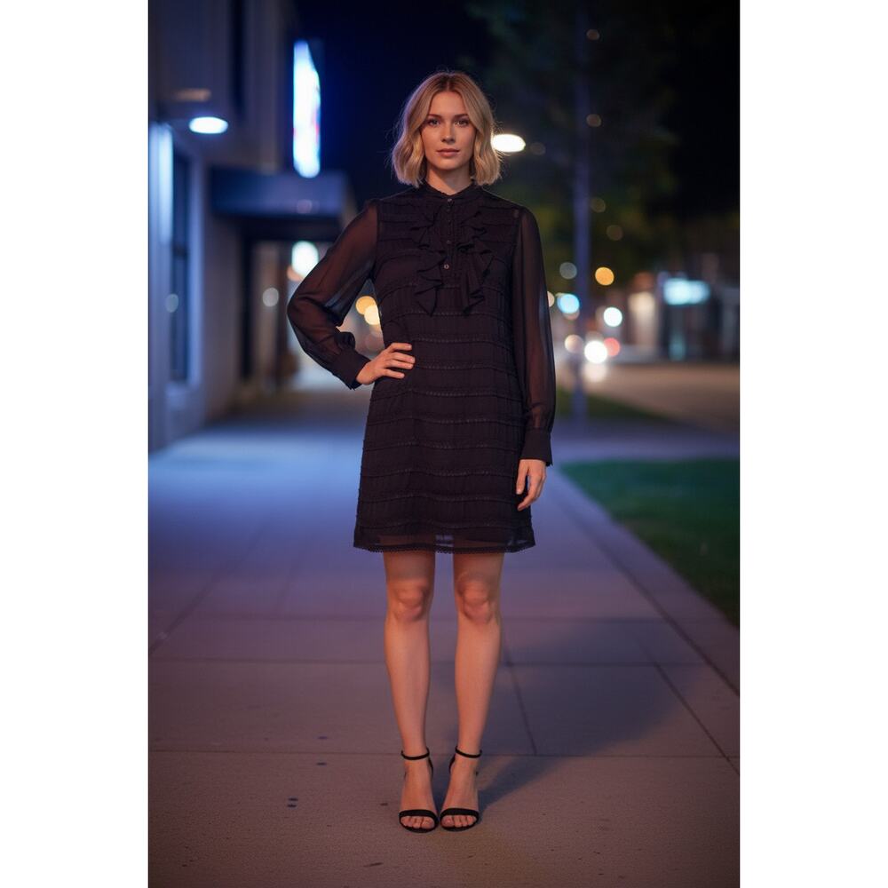 Jenny Han 100% Silk Shirt Dress Black Ruffle Front Lined w/ Side Zip  - Small